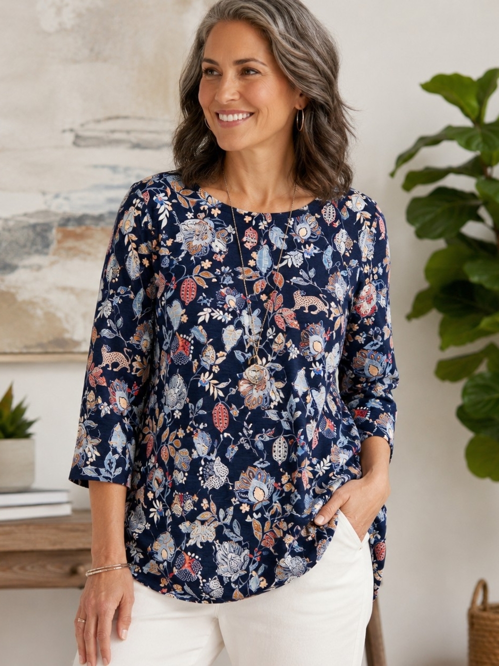 Chico's XL 3 Navy Floral Leopard Tunic Top 3/4 Sleeve Boho Lagenlook Artsy